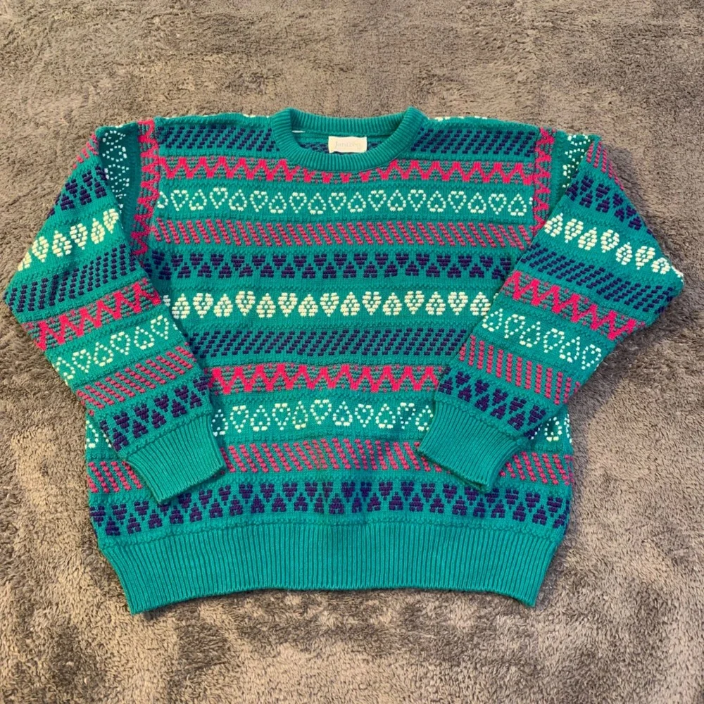 Vintage 90s Jantzen Teal Pink Heart Knit Sweater Embroidered‎ wmns Medium